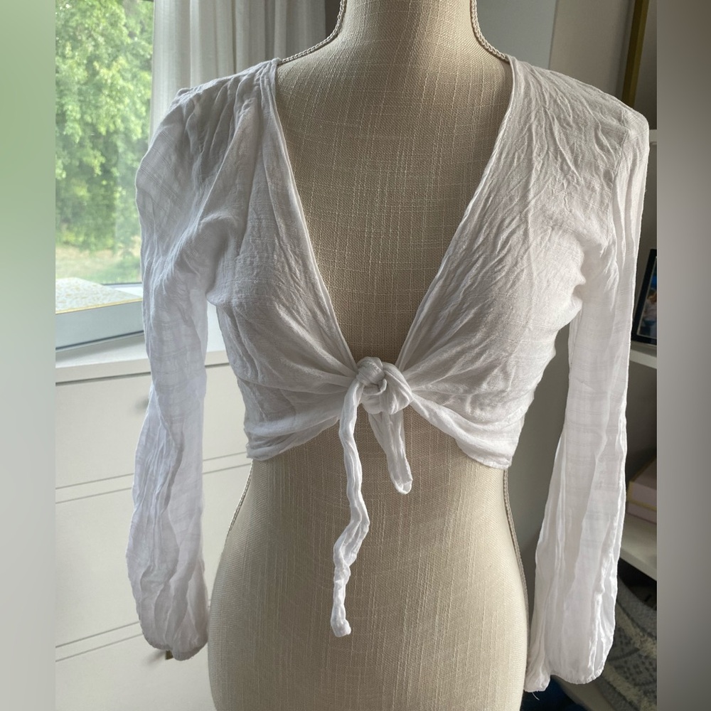 White Subdued Long Sleeve Tie Top